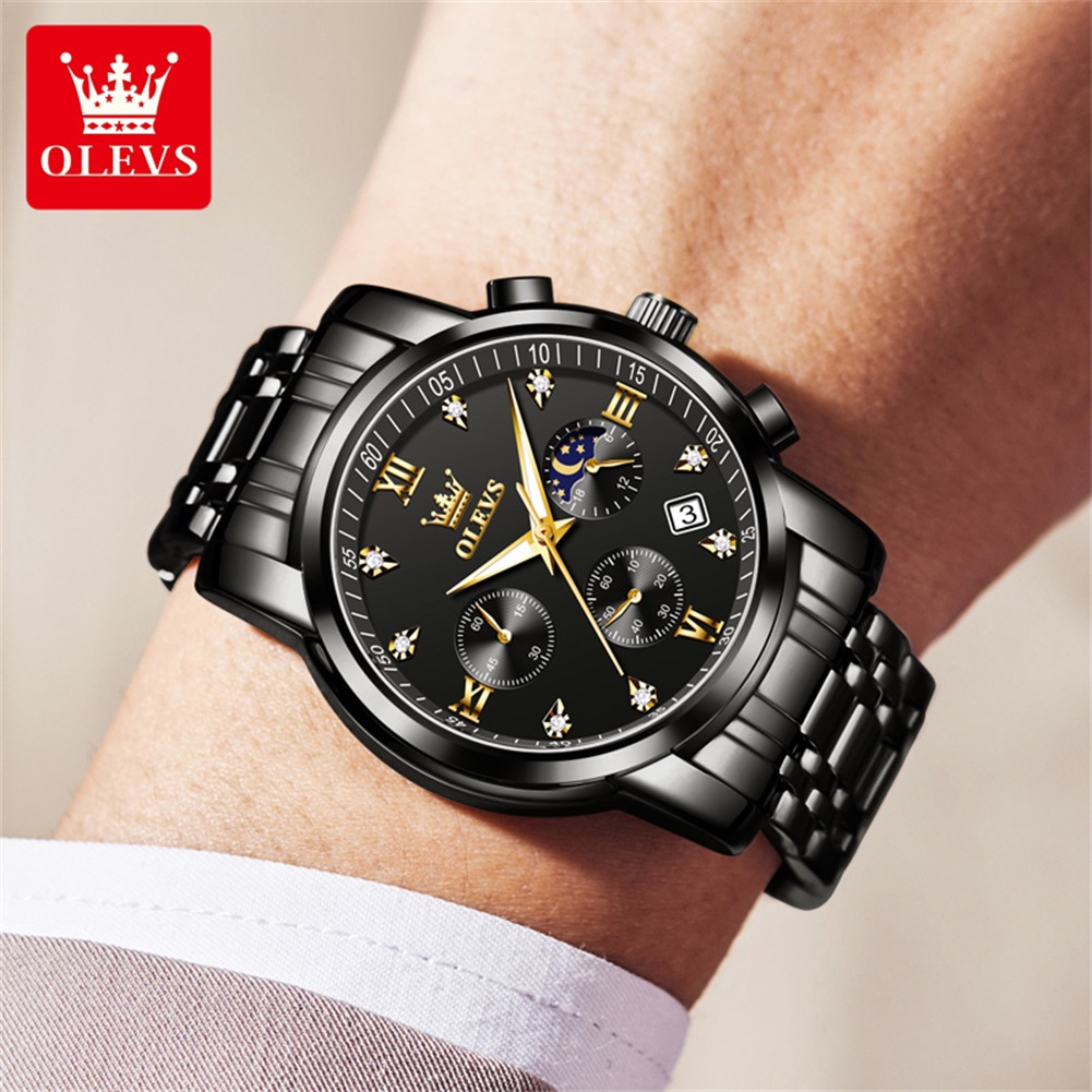 OLEVS 인기 남성용 시계 스테인레스 스틸 블랙 문  - Luxury Watch All Black 리뷰 및 가격